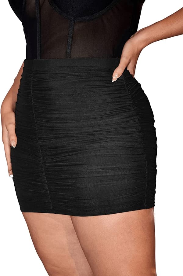 HAUFR Kvinder Plus Size Solid Mesh Ruched Bodycon Stretch Mini kort nederdel Black X-Large Plus