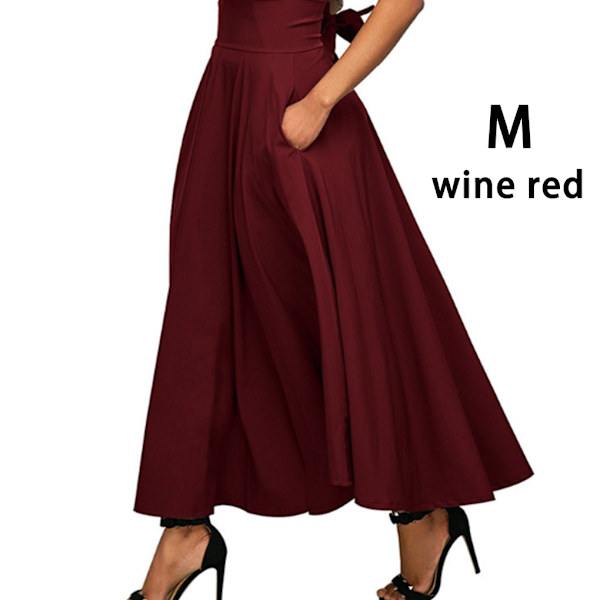 Kvinnor Hög midja delat bälte Plisserad sidodelad lång kjol V wine red M