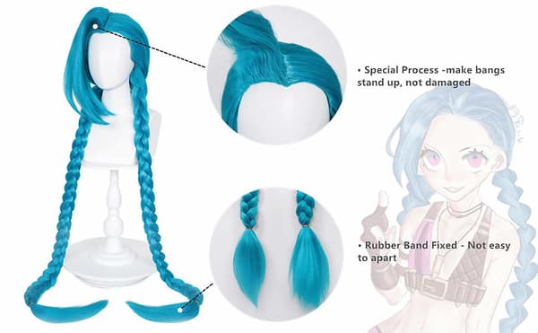 Lång blå flätad peruk för Jinx Cosplay peruk Inkluderar cap 43'-blå