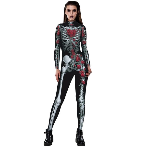 Kvinnor 3d Skull Halloween Cosplay Kostym Långärmad Jumpsuit Body RomperXL
