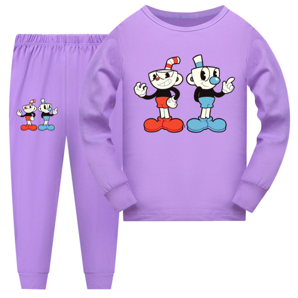 2 stk Kid Pyjamas Cuphead Line Langærmet Pullover Sæt Nattøj purple 160cm