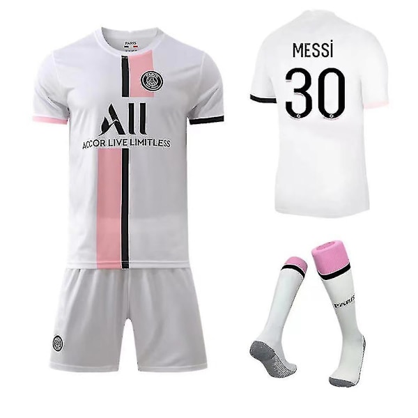 Regenboghorn Fotballsett Fotballdrakt T-skjortedress Messi PSG Away 18 (100-110 cm)