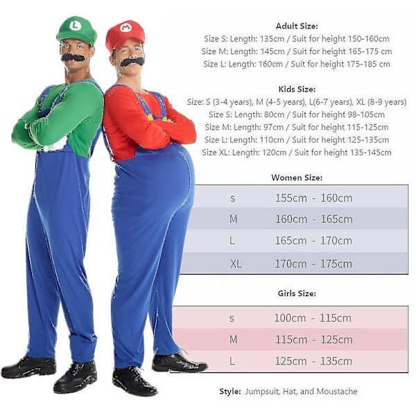 uper Mario Bros Unisex Vuxen & Barn Cosplay Fancy Dress Outfit Kostym Women Mario S