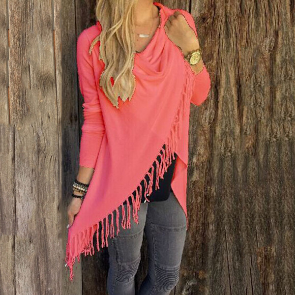 Dam Stripes Poncho Fall Tofsar Slash Sjal Hem Fringe Sweater watermelon red L