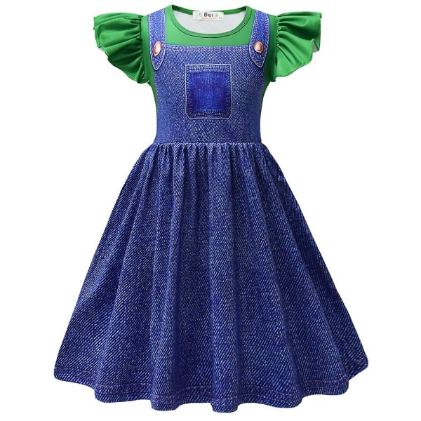 4-9 år Børn Piger Princess Peach/super Mario Cosplay Festkostume Kjole Gaver Denim Green 8-9 Years
