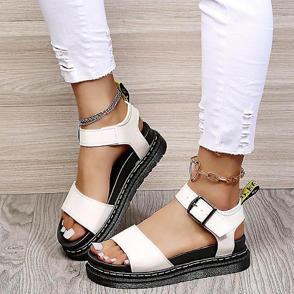 Kvinders fladformede sommerankelremsandaler Chunky platform modesko White EU 35