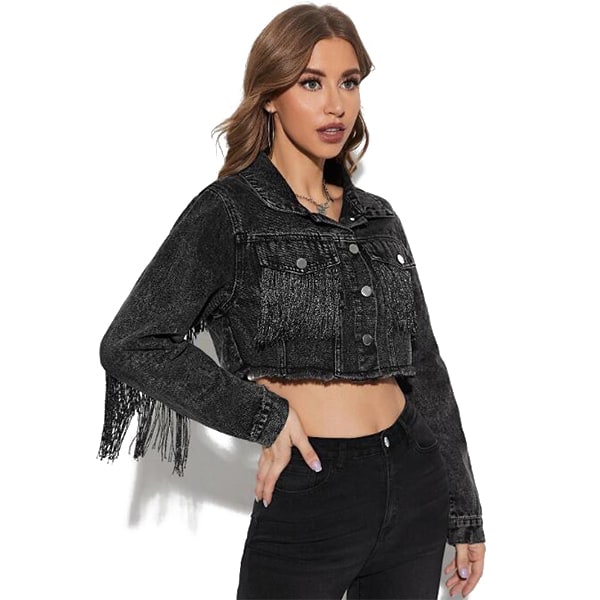 Damfransar långärmad Crop jeansjacka black L