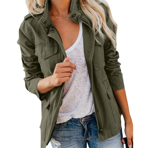 Kvinnor med fickor kappa tryckknappar militärjacka Army Green 3XL