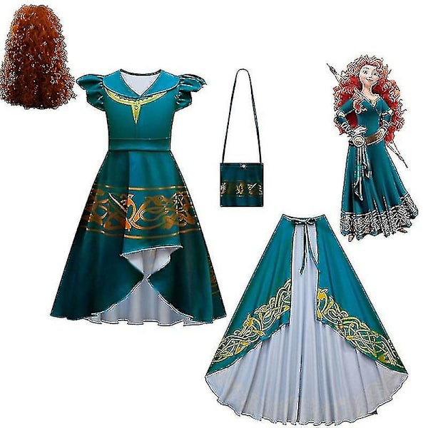 Halloween Girls Irregular Skirt Dress Cosplay Brave Merida Children's Festival Performance Show Kjol Cape Wig Costume-c 80868-3PCS 100CM