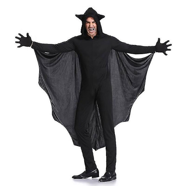Man Svart Fladdermus Vampyrdräkt Cosplay för män Hooded Jumpsuit Fantasia Halloween Carnival Dress Up L
