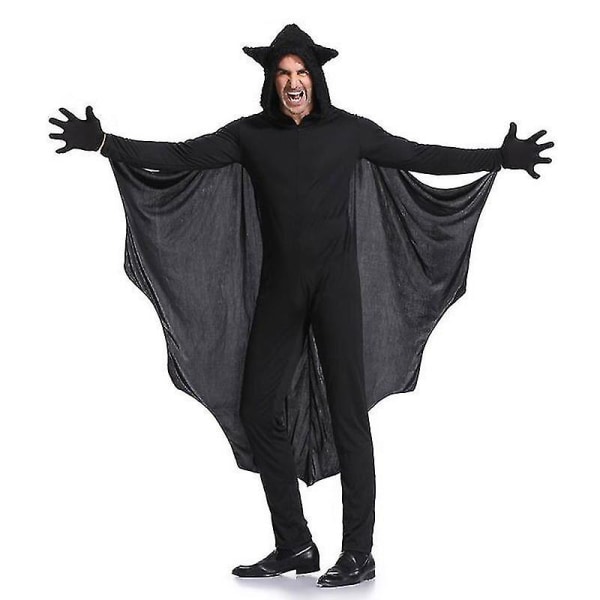 Mann Svart flaggermus Vampyr Kostyme Cosplay For Menn Hette Jumpsuit Fantasia Halloween Carnival Dress Up L