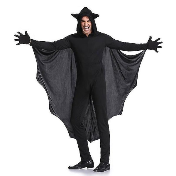 Mann Svart flaggermus Vampyr Kostyme Cosplay For Menn Hette Jumpsuit Fantasia Halloween Carnival Dress Up XL