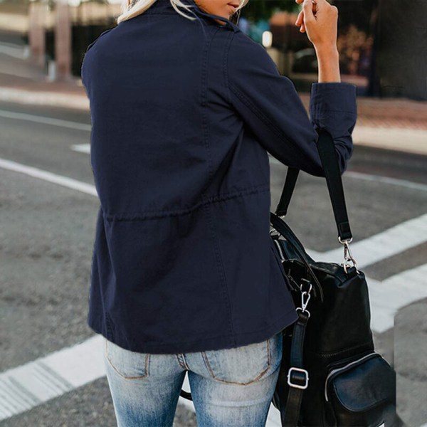 Kvinnor med fickor kappa tryckknappar militärjacka Dark Blue 2XL