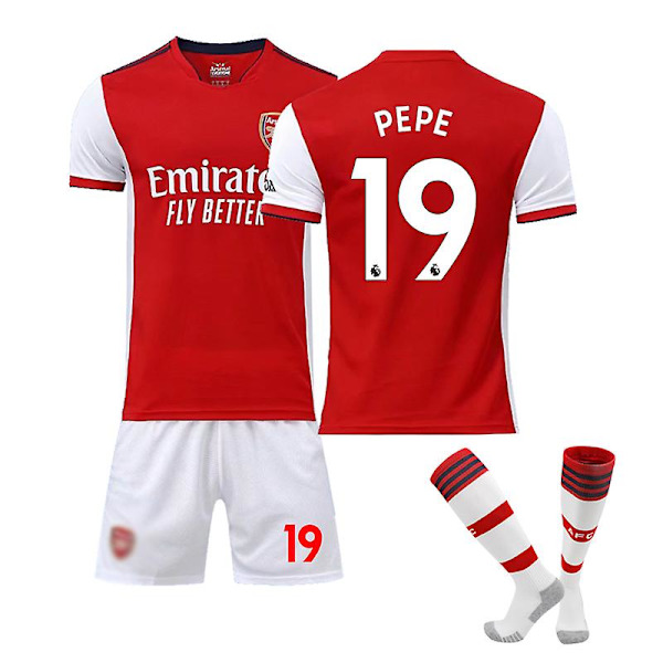 Arsenal Hjem Børn Mænd Fodboldsæt Fodboldtrøje Trænings-T-shirtdragt 21/22 AUBAMEYANG / Simth / SAKA / PEPE 19 - PEPE 16 (90-100cm)