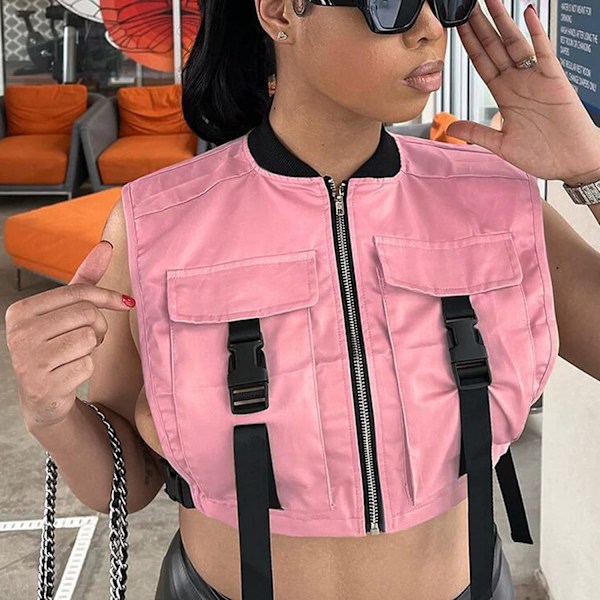 HAUFR seksikäs leikattu liivi naisille vetoketju avoin sivu hihaton liivi Cargo takki taskuilla Pink Large