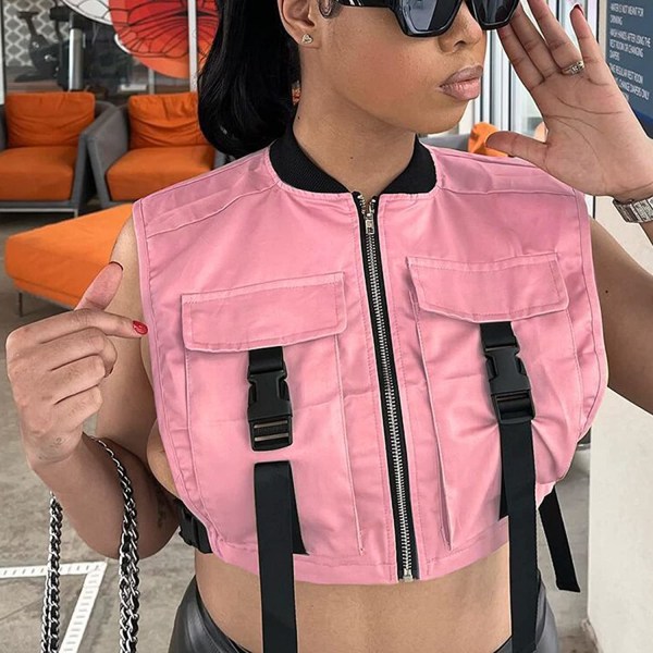 HAUFR sexet cropped vest til kvinder lynlås åben side ærmeløs vest Cargo jakke med lommer Pink Large