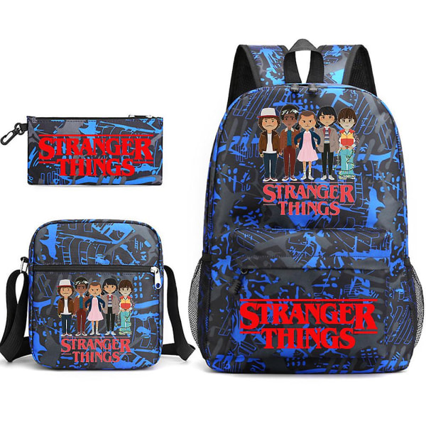 Stranger Things Ryggsekk 3stk Sett Student Skoleveske Diagonal Bag Blue Pattern