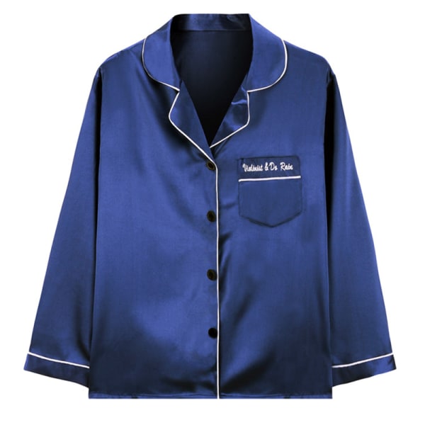 Kvinnor Enfärgad Pyjamas Set Knappar Design nattkläder Navy Blue XL