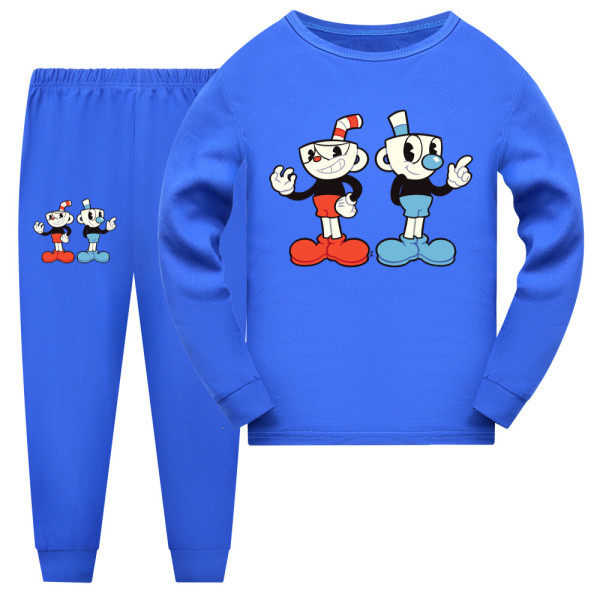 2kpl Kid Pyjamas Cuphead Line pitkähihainen villapaitasetti yöasu Dark Blue 140cm