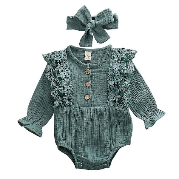 Nyfødt varm bomuld linned knap flæsede jumpsuit Green4 24M