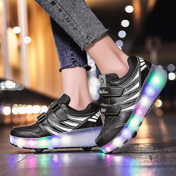 Led Light Up Roller Shoes Double Wheel USB Uppladdningsbara skridskoskor Svart/rosa Black 32