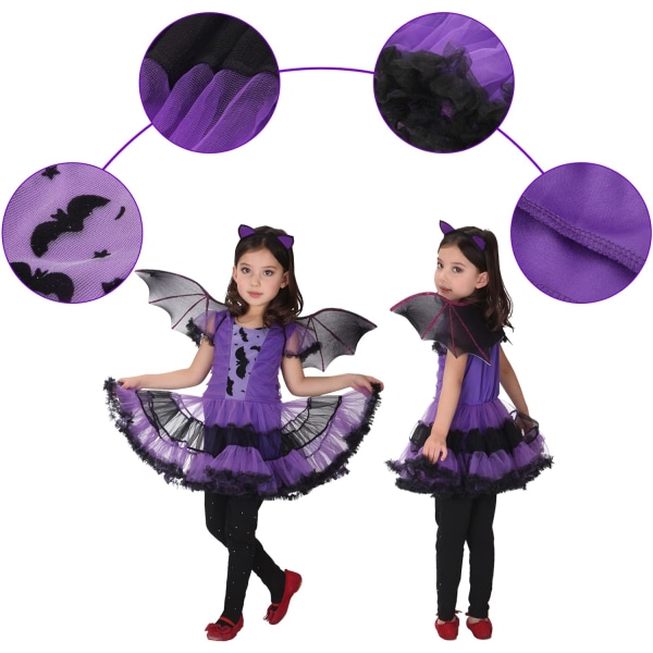 Flickor Fladdermus Vampyrdräkt Barn Halloween Kläder Animal Cosplay Lila Klänning 90cm