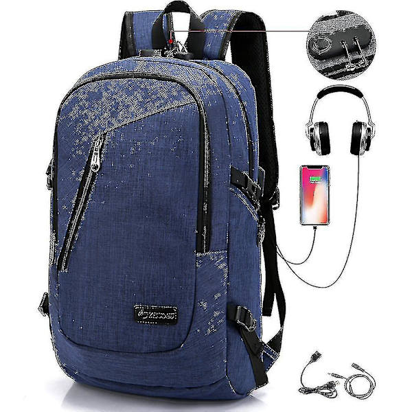 Studentryggsäck USB Laddande Skolväska Ungdomsdatorväska blue