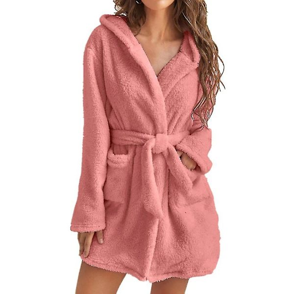 Kvinder blød plys fleece morgenkåbe hætte mid længde lomme badekåbe Pink 4XL