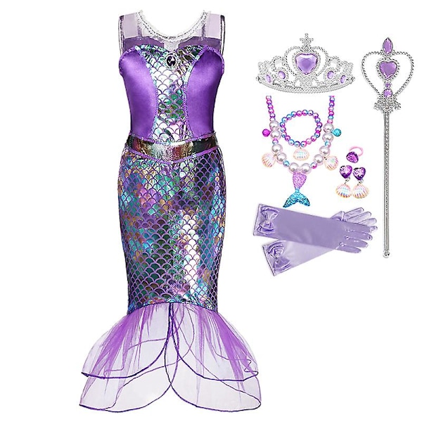Lilla sjöjungfrun Ariel Prinsessan Kostym Barnklänning För tjejer Cosplay Barn Karneval Födelsedagsfest Kläder Sjöjungfruklänning 9-10T(size 150) 10pcs Mermaid Sets6