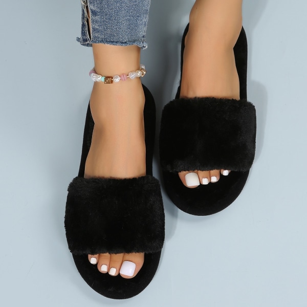 Kvinnor Soft Plysch Slides Hem Skor Casual Flat Tofflor black 41