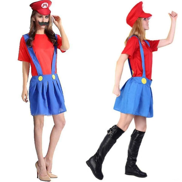 super Mario Bros Unisex Voksen & Børn Cosplay Fancy Dress Outfit Kostume Women Mario S