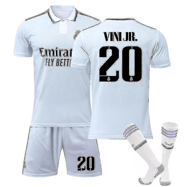 Ny säsong 2022-2023 Real Madrid Fotbollströja Kit Fotbollsuniformer Fotbollströja Set För Barn Ungdom Herrar VINI JR. 20 M