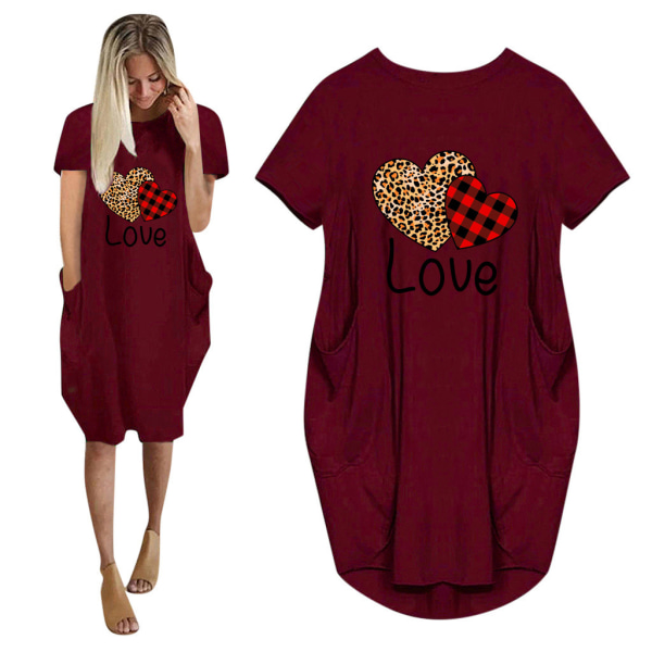 Kvinnor älskar hjärta sommar T-shirt klänning för alla hjärtans dag Wine Red 3XL