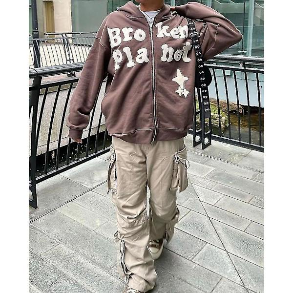 Men's Streetwear retro laget gammel engelsk hettegenser med glidelås Y2k Løs Allsidig hettegenser Oversized sweatshirt gotisk topp Blue XL