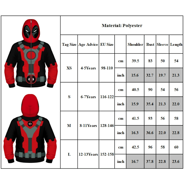 Superhelt Deadpool-drakt barn, unisex gutter jenter 3D All Over Superhero Print Zip Up Hoodie Jakke Rock Genser XS