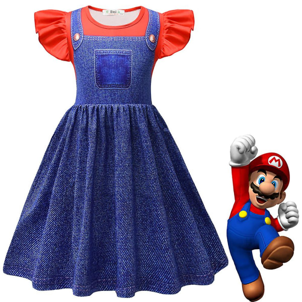 4-9 år Børn Piger Princess Peach/super Mario Cosplay Festkostume Kjole Gaver Denim Red 4-5 Years