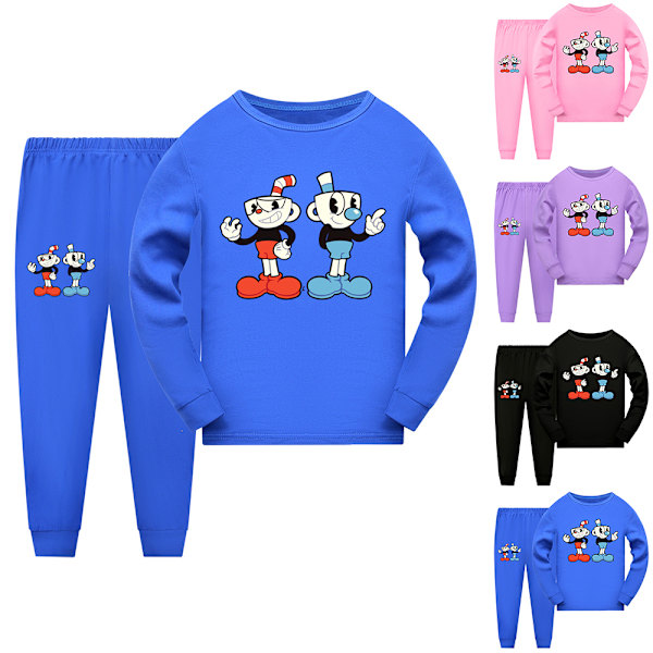 2kpl Kid Pyjamas Cuphead Line pitkähihainen villapaitasetti yöasu Dark Blue 140cm