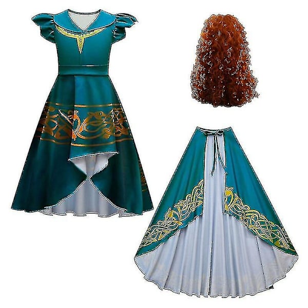 Halloween Girls Irregular Skirt Dress Cosplay Brave Merida Children's Festival Performance Show Kjol Cape Wig Costume-c 80868-3PCS 100CM