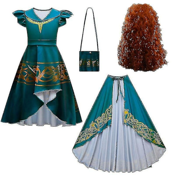 Halloween Girls Irregular Skirt Dress Cosplay Brave Merida Children's Festival Performance Show Kjol Cape Wig Costume-c 80868-4PCS 120CM