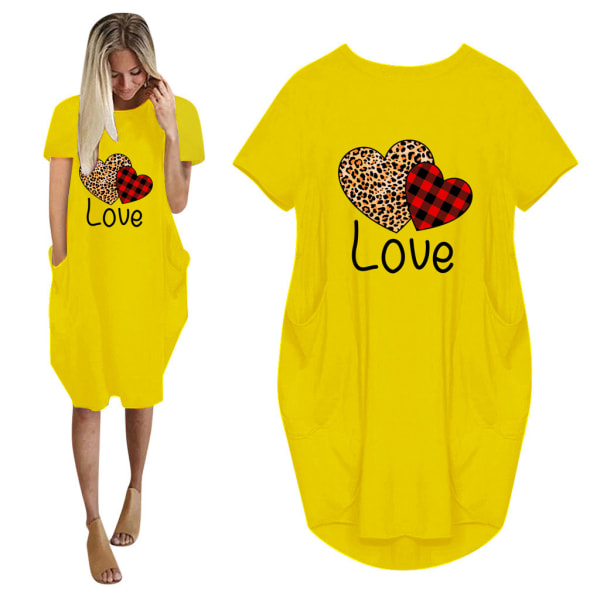 Kvinnor älskar hjärta sommar T-shirt klänning för alla hjärtans dag Yellow 4XL