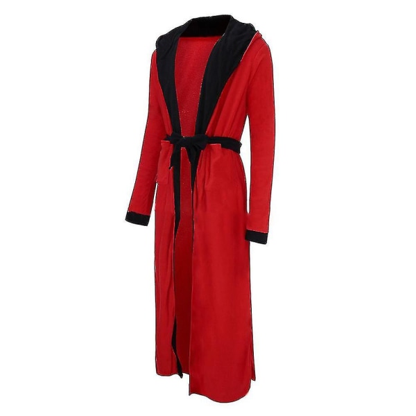 Menn Fleece Lang Morgenkåpe Hette Badekåpe Natttøy Red Black XL