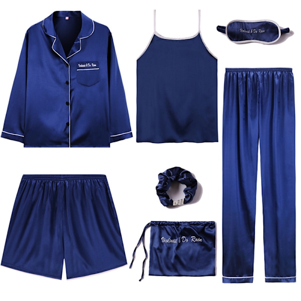 Kvinnor Enfärgad Pyjamas Set Knappar Design nattkläder Navy Blue XL