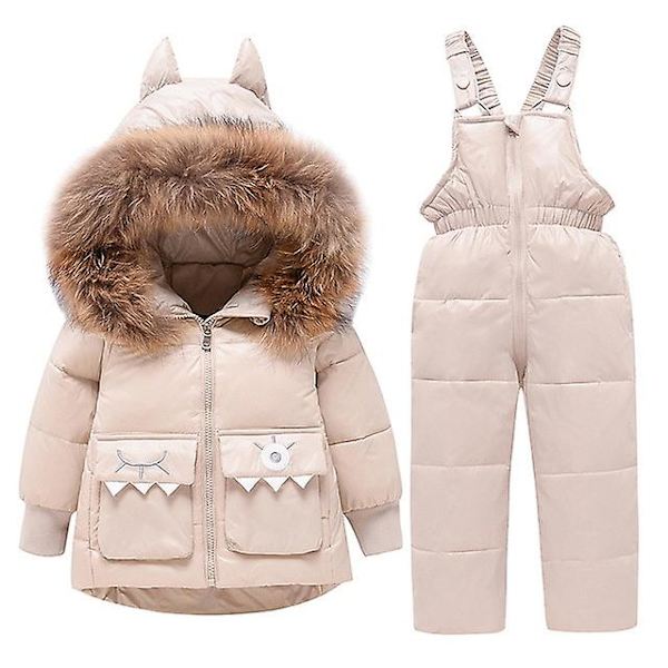 Parka och overall med huva för barn Pojkar Flickor Vinterdunjacka Baby Dinosauriejacka Snödräkt Beige 4T