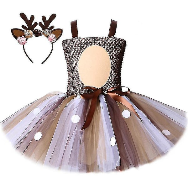 Barnas julehjortkjole Send Hårbøyle Jenter Dress Skjørt Mesh Princess Tutu Skjørt Princess Sk Dark Brown 4-5Y