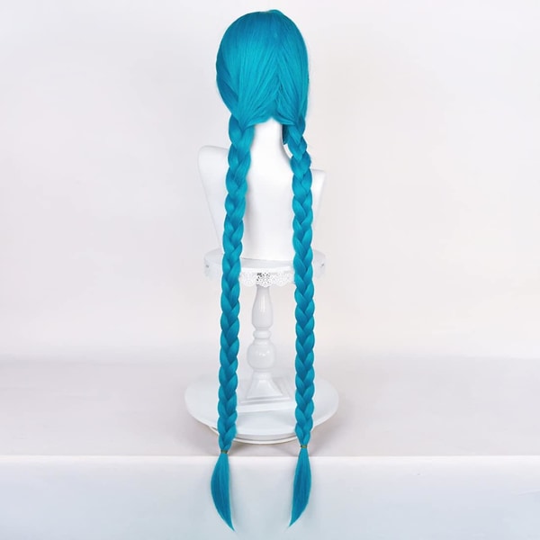 Lång blå flätad peruk för Jinx Cosplay peruk Inkluderar cap 43'-blå