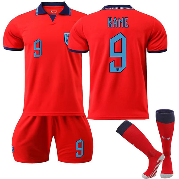 England VM 2022 bortatröja Kane #9 Fotbollströja T-shirt Shorts Kit Fotboll 3-delade set för barn Vuxna fotboll Tröjor Kids 16(90-100cm)