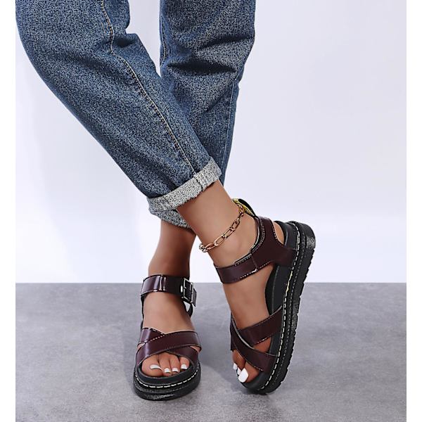 Sommer chunky sandaler til kvinder med tyk sål Strappy Flatforms Sko Red Brown EU 41