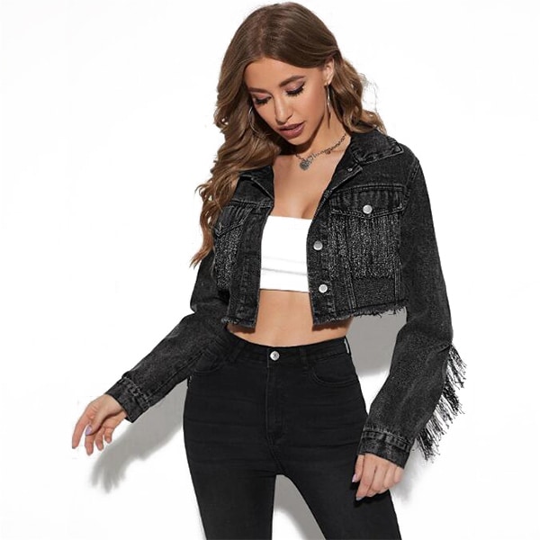 Dame-frynser, langermet crop denimjakke black M