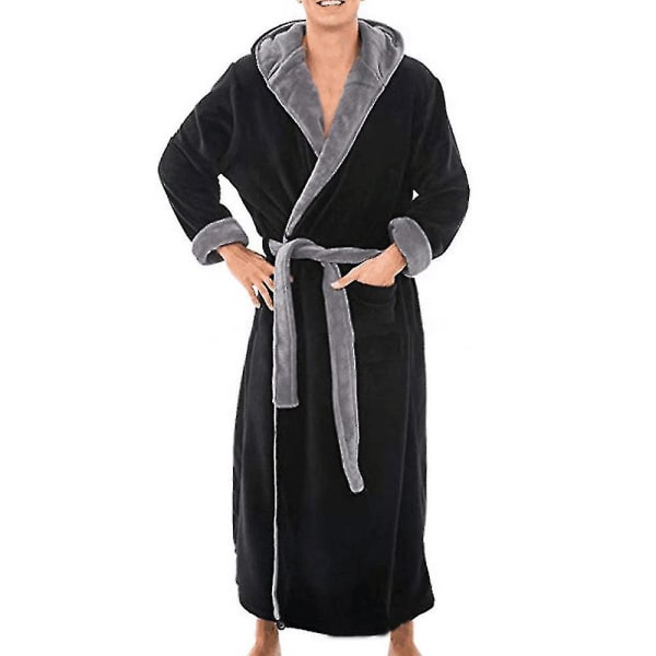 Lång morgonrock i fleece med huva, badrock Nattkläder Black Grey 4XL