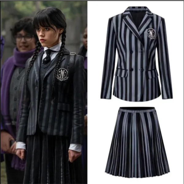 Onsdag Addams Costume Girl School Uniform Dress Suit til Kid Purple L